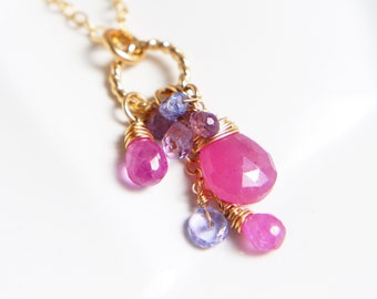 Pink Sapphire Teardrop Pendant Necklace, 14K Gold Filled, Tanzanite