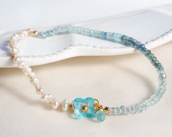 Aquamarine and Pearl Beads Elastic Stretch Bracelet, March Birthstone, 14K Gold filled Easy to wear