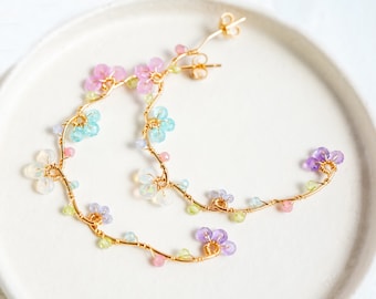Pastel Pink Gemstone Hoop Earrings, 14K Gold Filled Dainty Floral Jewelry