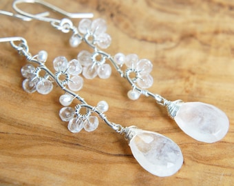 Rainbow Moonstone Teardrop Earrings in Sterling silver for Wedding, Flower Vine Nature Inspired Jewelry