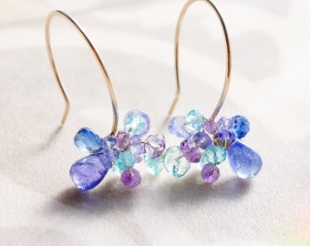 Blue Gemstone Drop Earrings, Tanzanite Cluster, 14K Gold Filled, Handmade Jewelry Gift