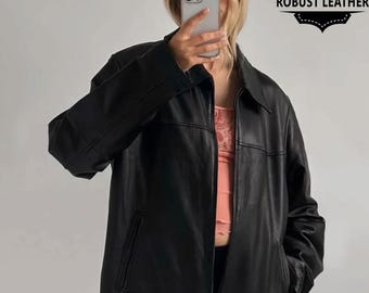 Vintage 90s Hathaway Black Leather Jacket Black Leather Zip