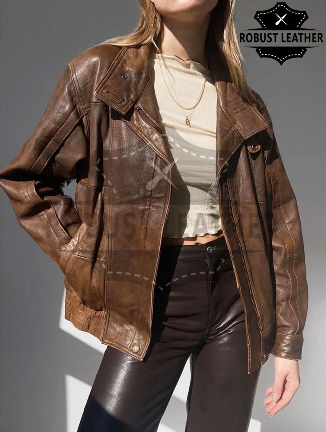 Women's Vintage Oversized Distressed Brown Leather Jacket WD09 main image 0