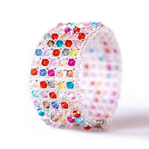 on SALE 50% - Unique Rainbow Crystal Bracelet, Multicolored Cuff Bracelet, Swarovski Cuff, One of a kind