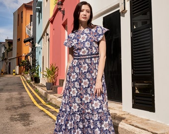 Boho Blue Red White Cape Sleeved Batik Dress