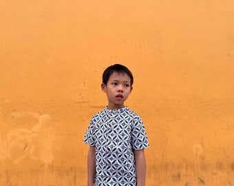 Navy Blue Boys Batik Wax Resist Cotton Short Sleeved Mandarin Collar Shirt