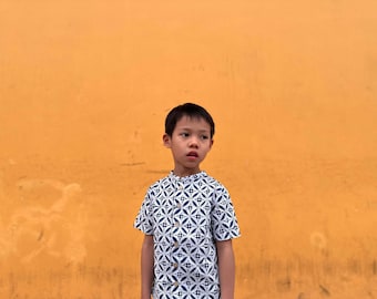 Navy Blue Boys Batik Wax Resist Cotton Short Sleeved Mandarin Collar Shirt