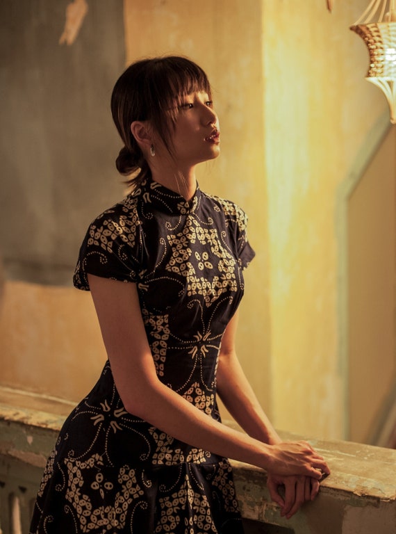 Navy Peranakan Motif Batik Cheongsam Dress Etsy Canada