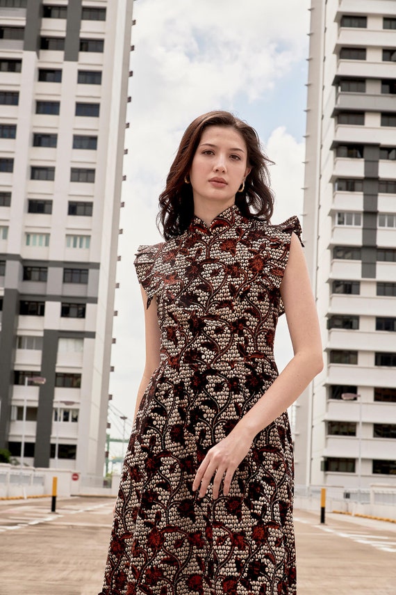 Boho Brown Pleated Frills Batik Cheongsam Dress