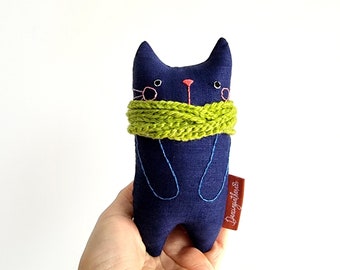 Blue Cat Art Doll Miniature Stuffed Cat Decor Gift for Dad Small Plush Cat for Coworker Cool Kitty for Him