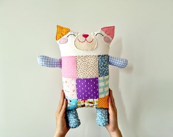 Patchwork Cat, Patchwork Pillow, Stuffed Cat, Cat Pillow, Cat Softie, Cat Plush, Patchwork, Patchwork Kitty, Stuffed Animals, Cat