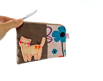 Coin Purse Zipper Pouch Cat Coin Wallet, Cute Pouch Cat Flower Linen Purse, Pouch Cat Lover Gifts Ideas, Cat Gifts Grandma, Patchwork Pouch