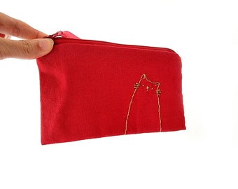 Minimalist Golden Cat Embroidery Pencil Case Red Pencil Pouch