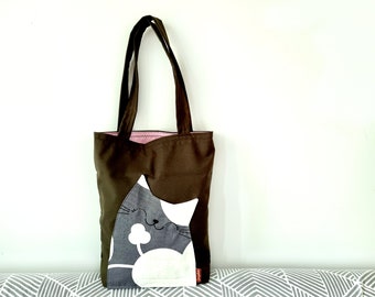 Cat Tote bag, Tote bag, Cotton Bag, Cat Shoulder bag, Cat Lover Bag, Handmade Bag, Cat Bag, Grey Cat Bag, Cat Lady Gift