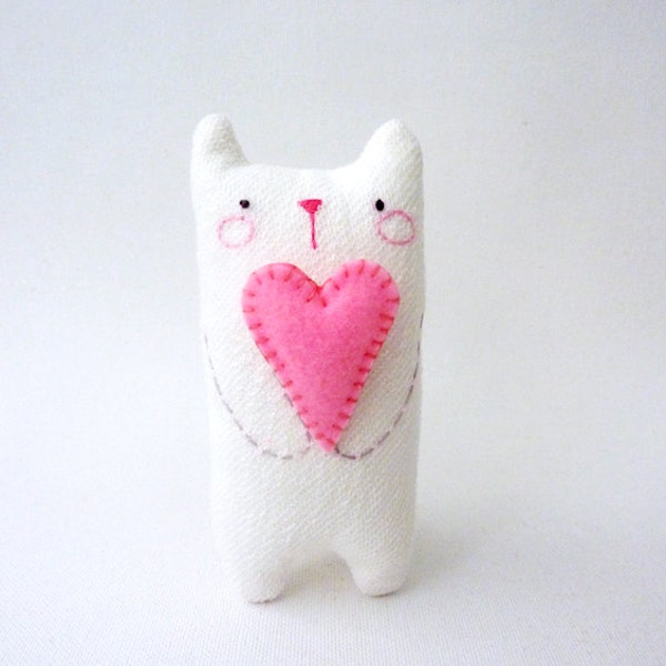 Small white stuffed cat plush with heart cat art doll desk toy decor gift for cat lover girlfriend colleagues gift stocking stuffer