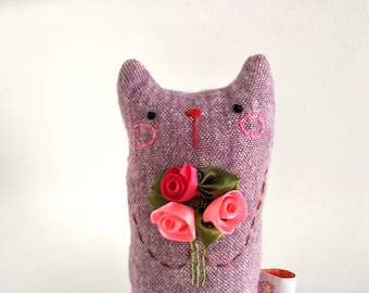 Small art doll cat handmade soft sculpture, pet textile art toy cute flower cat lover gift
