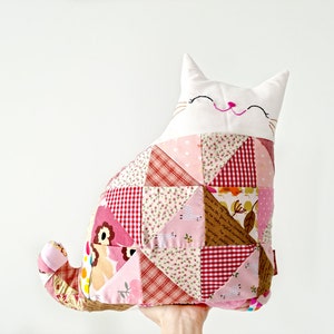 Handmade Patchwork Cat Pillow – Soft Stuffed Cat Plush, Quilted Kitty Cushion, Whimsical Cat Decor, Cute Animal Pillow, Nursery or Gift