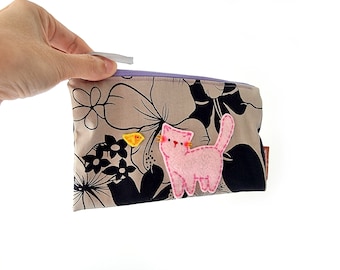 Kitty Cat Pencil Case Women Floral Toiletry Zipper Pouch Handmade Fabric Bag Mothers Day Gift