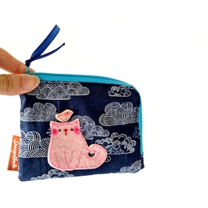 Monedero con cremallera de gato, monedero para mujer, bonito monedero para amantes de los gatos, monedero en forma de L, monedero azul