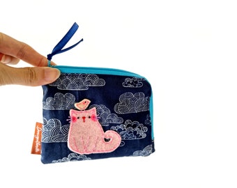 Cat Zipper Coin Purse Women Purse Cute Pouch for Cat Lover Friends Coin Pouch L Shape Coin Wallet Blue