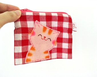 Smiling Cat Coin Purse Gingham Coin Purse Kitty Cat Fabric Pouch Handmade Card Purse Small Zip Pouch for Girls Cute Gift for Kids