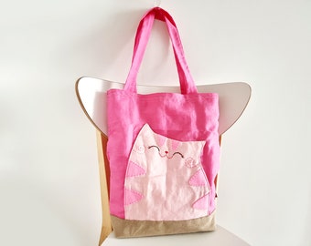 Pink Cat Bag, Pink Cat Tote Bag, Shoulder Bag, Cute Bag, Tote Bag,  Bag for Girl, Handmade Bag, Pink Bag, Cat Lady Bag, Cat Handbag