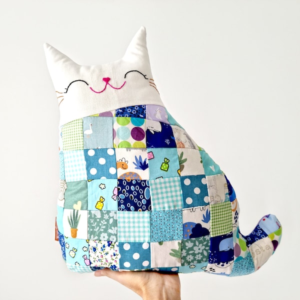 Blue Cat Patchwork Pillow, Patchwork Cat, Stuffed Cat, Patchwork Cushion, Patchwork Plush, Patchwork Animal, Christmas Pillow