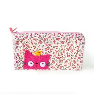 Red Cat Face Pencil Case – Small Floral Fabric Cat Pouch – Handmade Zipper Bag for Stationery, Makeup or Gifts