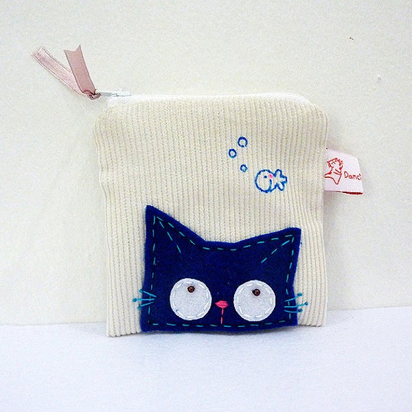 Blue Cat Purse, Purse, Cat Coin Purse, Coin Purse, Cat Zipper Pouch