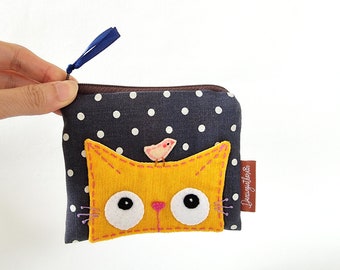 Cat Zipper Pouch, Cat Pouch, Coin Purse, Green Flower, Zipper Coin Pouch, Zipper Purse, Cute Cat Pouch, Cute Pouch, Cute Small Pouch