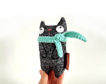 Handmade Black Cat Art Doll with Scarf | Fabric Cat Plush Decor | Standing Soft Sculpture | Cute Gothic Cat Gift | Cat Lover Collectible