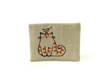 Business Card Case, Kitty Card Case, Cat Card Case, Illustrated Card Case, Hand Drawn Card Case, Cute Card Case, ID Card Case, Linen, Cat