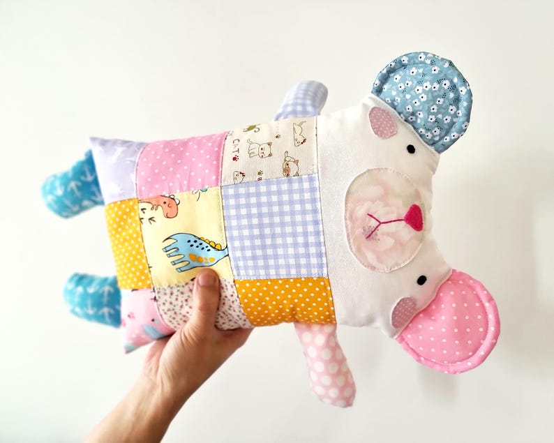 Handmade Patchwork Mouse Pillow, Cotton Stuffed Plush Cushion, Children Toy (15 x 17.5 inches) image 10