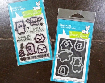 lawn fawn USED clear stamp and die set - Monster Mash - 2016 - includes 6 pieces of 6x6 papers and coordinating sequin mix