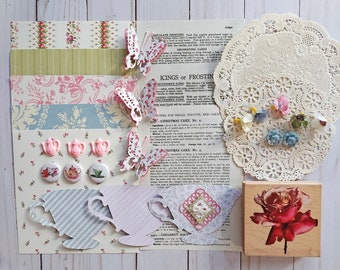 Tea Rose craft kit - papers, die cuts, embellishments, doilies, florals, rubber stamp