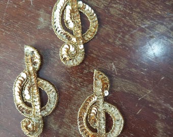 3 x gold sequin musical appliques for crafts 4" tall