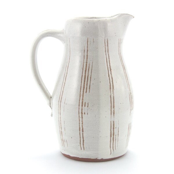 Pitcher (white with incised vertical lines), rustic modern stoneware pottery