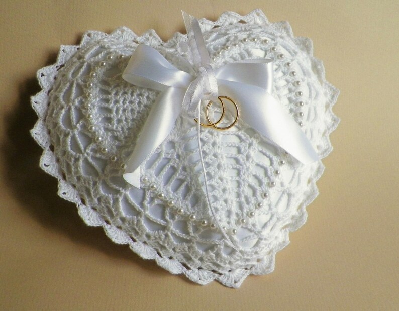 White Heart Shaped Crocheted Lace Ring Bearer Pillow Etsy