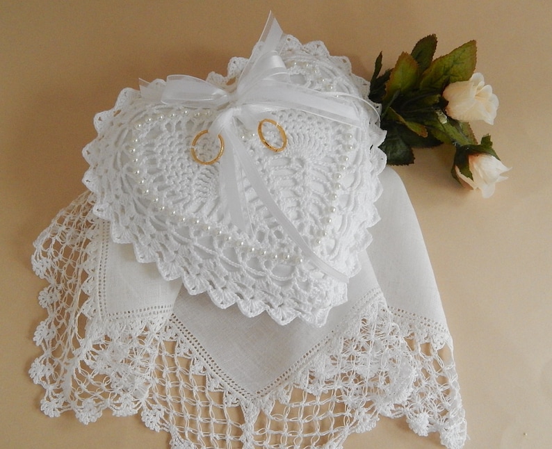 Ring Bearer Pillow Crocheted Lace White Heart Shaped Etsy