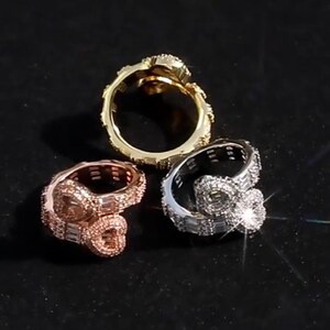 Rose White Yellow Gold Heart Rings, Bling Iced Out CZ Diamond Men Women Ring, Engagement Wedding Promise Hip Hop Jewelry