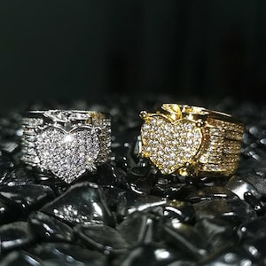 Shiny Heart Iced Out Jewelry 5A Cz Stones Engagement Luxury Diamond Ring, Hip Hop Bling Bling Gold Plated Party Ring Men Women