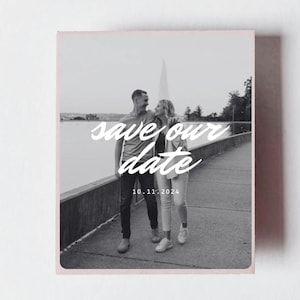 May include: Black and white photo of a couple walking on a sidewalk with the text "save our date" and the date "10.11.2024" written below.