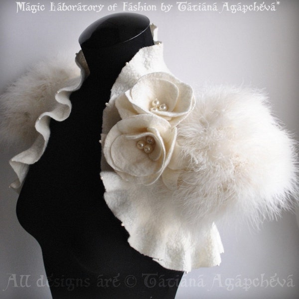 SWAN PRINCESS Wedding Shrug, Bolero, Jacket, Felt, Marabou Bridal Felted, Cap Sleeves, Roses,Brooch, Free Shipping