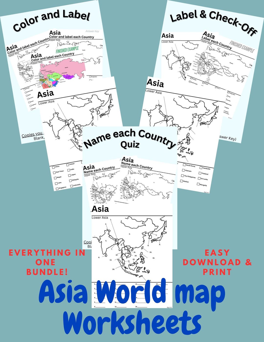 Asia Countries Map Worksheet Bundle: Color, Label, Quiz (PNG PDF JPG ...