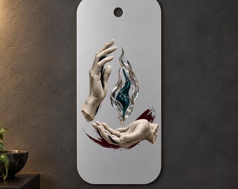 Sculptural Hands Metal Wall Art, Teal Glass-Like Flame with Gold Details, 1.5 mm Metal, 35 x 70 cm (13.78 x 27.56 in)