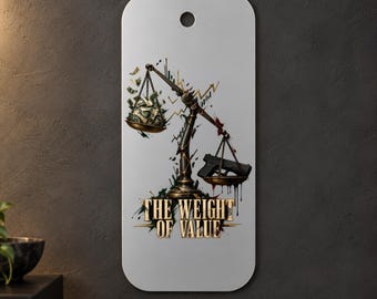 Balance Scale Metal Wall Art, Banknotes and Pistol, The Weight of Value, Green Gold, 1.5 mm Metal, 35 x 70 cm (13.78 x 27.56 in)