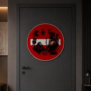 Placa metálica refletiva "Proibida a Entrada", 60 cm / 23,62 pol., arte de guerreiro hoplita espartano, decoração de parede da Grécia Antiga em vermelho e preto.