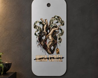 Anatomical Heart Metal Wall Art, Human Capital, Curling Banknotes, Green and Gold, 1.5 mm Metal, 35 x 70 cm (13.78 x 27.56 in)