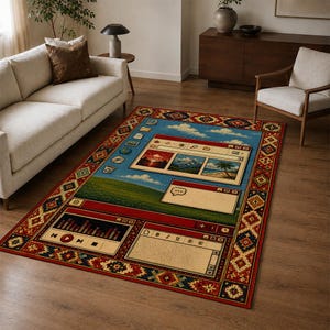 Retro Computer Rug, 90s Desktop Decor, Vintage Tech Oushak Style Floor Art