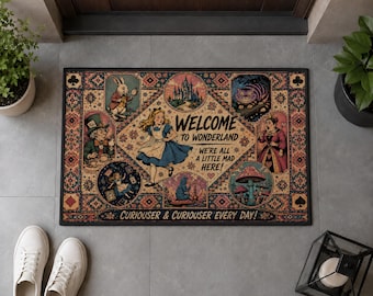 Alice Wonderland Doormat, Mad Tea Party Entryway Decor, Cheshire Cat Storybook Rug, Whimsical Fantasy